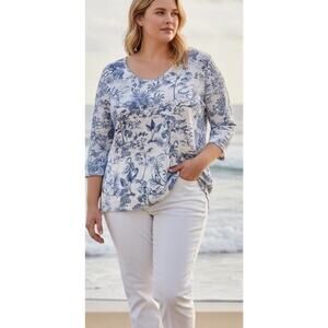 Nicole Miller Plus 2X Linen Top Blue Tropical Toile Tunic Beachy Resort Vacay